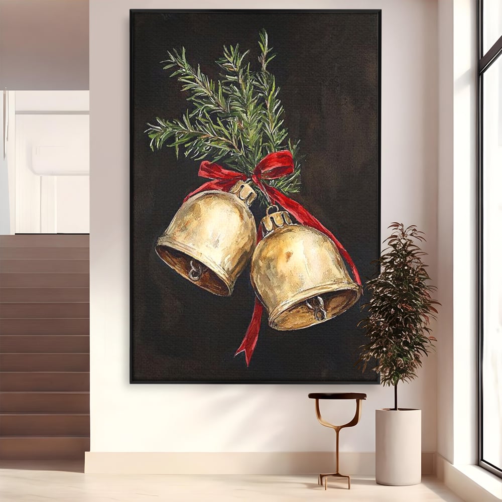 Tablou canvas cu tablou canvas cu clopotei de craciun, in rama de aluminiu negru